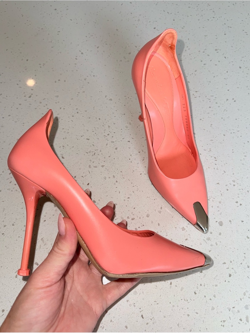 Alexander McQueen Coral Pink Pointed-Toe Pumps with Silver Metal Tip - Picture 12 of 14